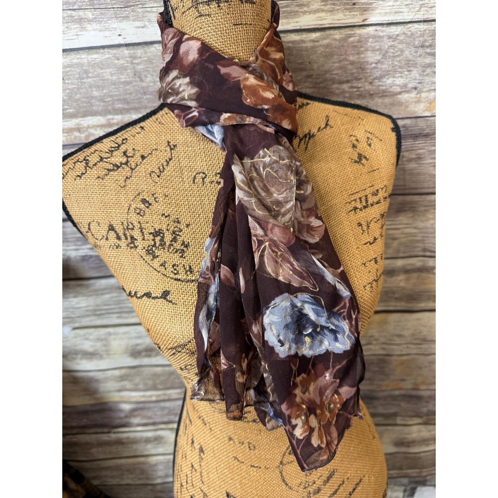 Brown Floral Sheer Scarf Gold Metallic Thread Rose Print Rectangular Wrap